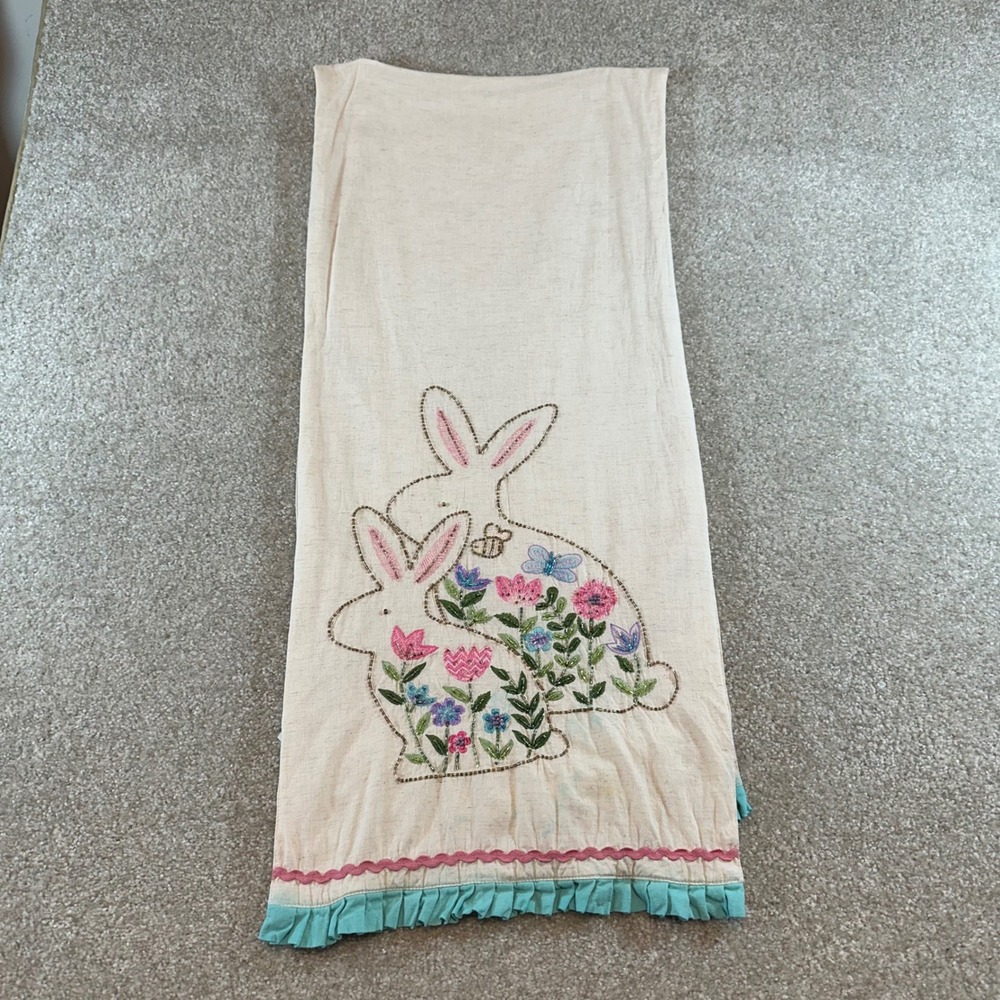 Max Studio Home Easter Bunny Beaded Embroidered Table Runner Cotton Cream